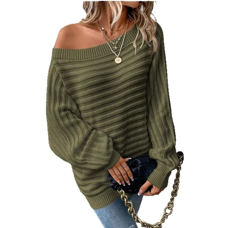 

Spring Autumn One-Shoulder Horizontal Stripe Knitted Long Sleeve Sweater Cross-Border Women's Pure Color Crew Neck Knitwear