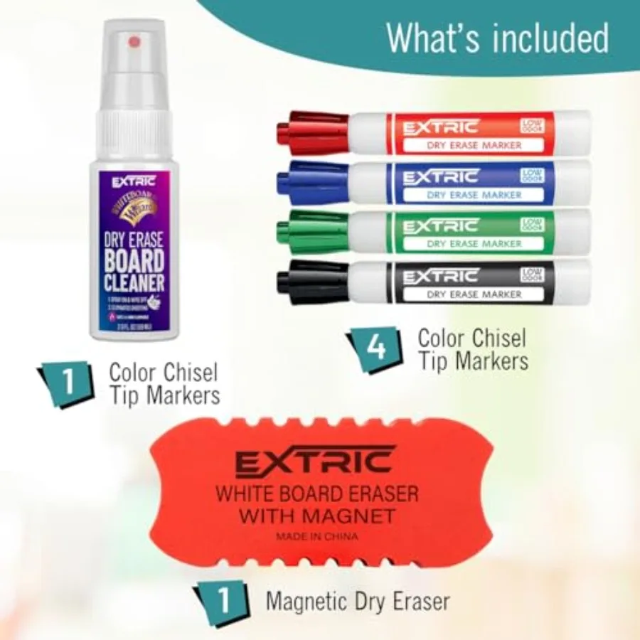 Dry Erase Markers Set, 4 Whiteboard Markers, Whiteboard Cleaner and Eraser, Low Odor Dry Erase Marker with Eraser Bundle for Ho