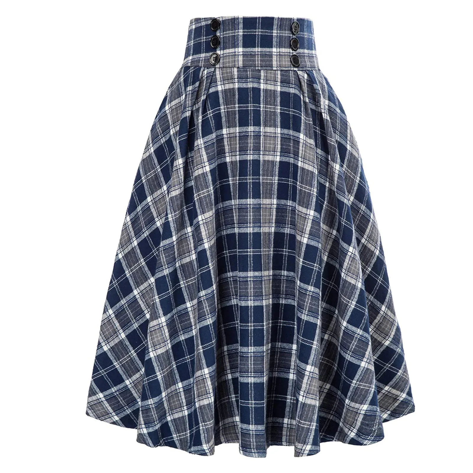 Hochtaillierter karierter Midi-Rock mit weitem Bein für Herbst und Winter, modischer Damenrock in A-Linie mit lockerer Taille und Karomuster. – Detail 4