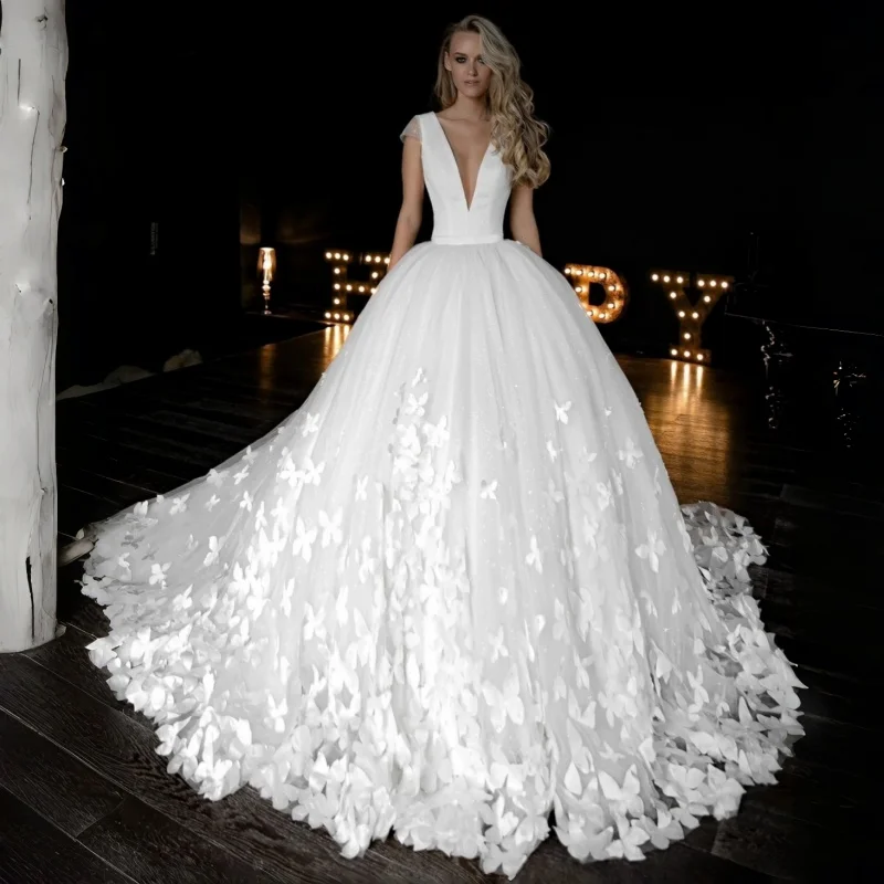

3D Butterfly Ball Gown Wedding Dress Plunging V-Neck Tulle Cap Sleeves Cathedral Train Dreamy Butterfly Bridal Gown Customizable