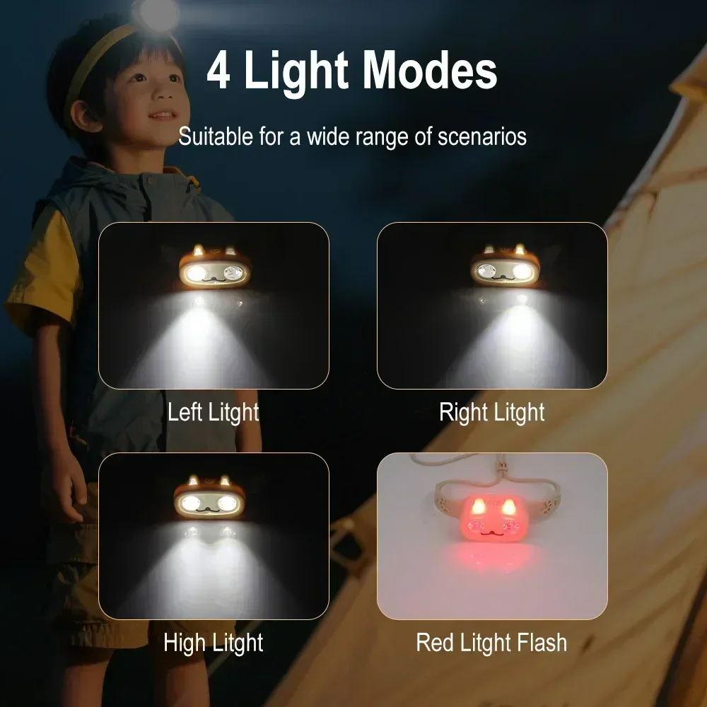 BORUiT Kids LED Headlamp Rechargeable Built-in Battery Flashlight 4 Lighting Modes Outdoor Camping Head Torch for Kids Gift