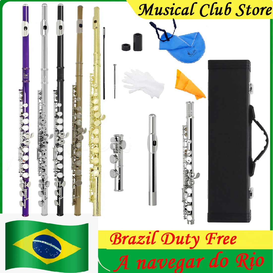 SLADE 16 Closed Open Holes C Key Professional Transverse Flute Concert Musical Instrument with Box Cleaning Cloth Stick Gloves