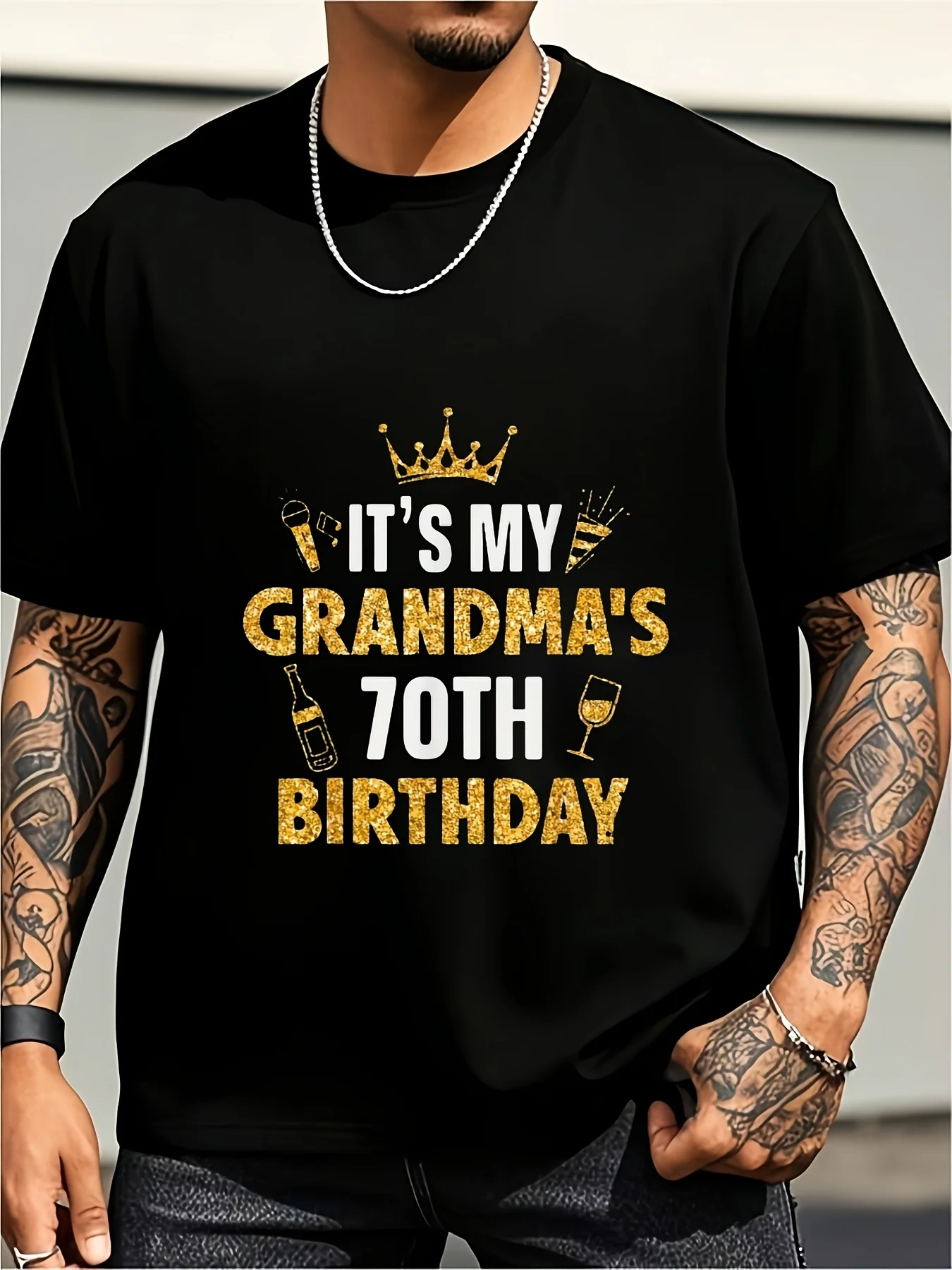 Grandma's 70Th Birthday T-Shirt, Black with Gold and White Pattern Print, Unisex, Soft and Breathable, Machine Washable, Perfect Gift for Family and Friends, Sizes S to Xxxl, Birthday Shirt, Plus Size Retro Casual Round Neck Printed T-Shirt, Unisex