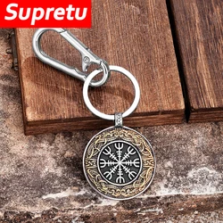 Never Fade Vikings Double-sided Compass Keychain Norse Rune Celtic Knot Amulet Pendant Men Gold Color Antique Steel Jewelry Gift