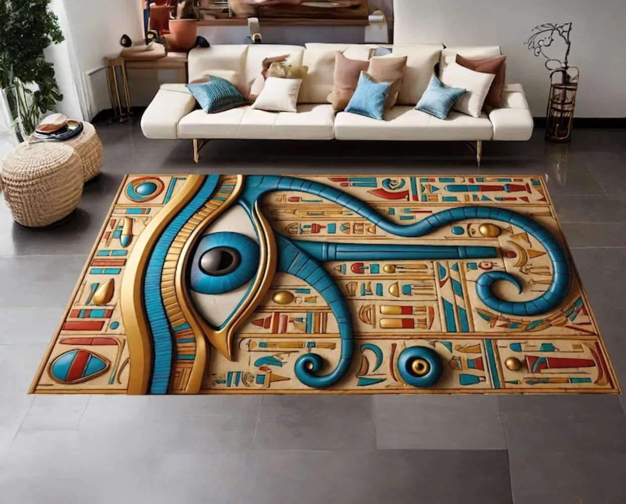 Egyptian Mythology Area Rug Ancient Egyptian Pharaoh Cat Eye Print Carpet Non-Slip Floor Mat for Living Room Bedroom Decor