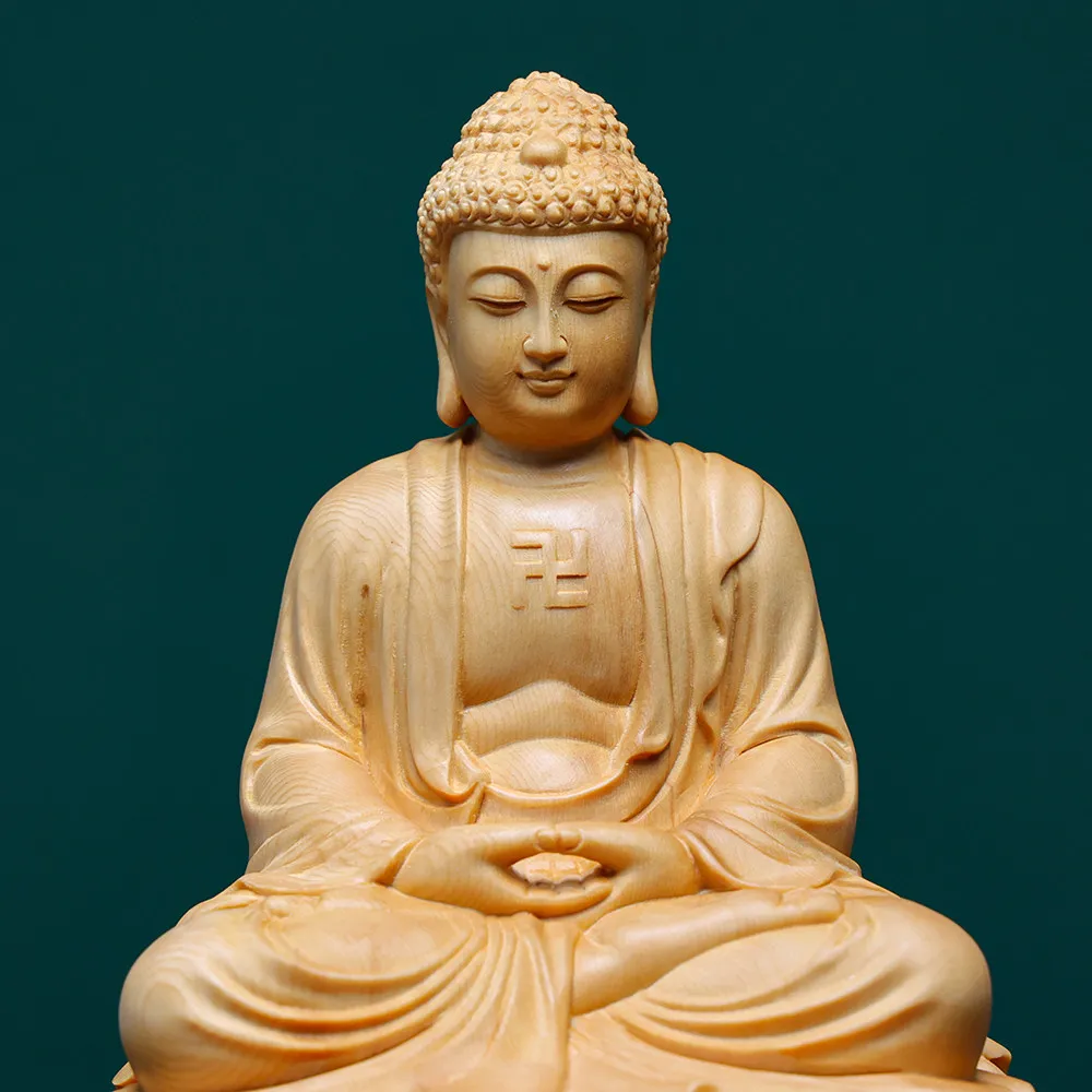 Carved Hinoki Wood Shakyamuni Buddha on Lotus (Vairocana) Statue for Home Altar
