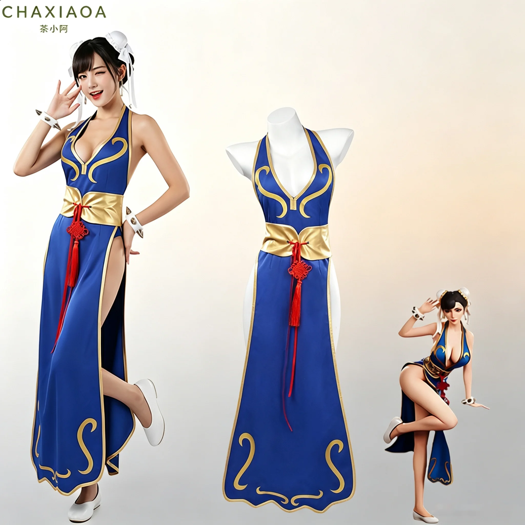 Kampfspiel Chun-Li Cosplay Kostüm Damen Blaues Cheongsam-Kleid Chinesischer Knoten Komplettset Spiel Halloween Bühnenauftritt Outfit