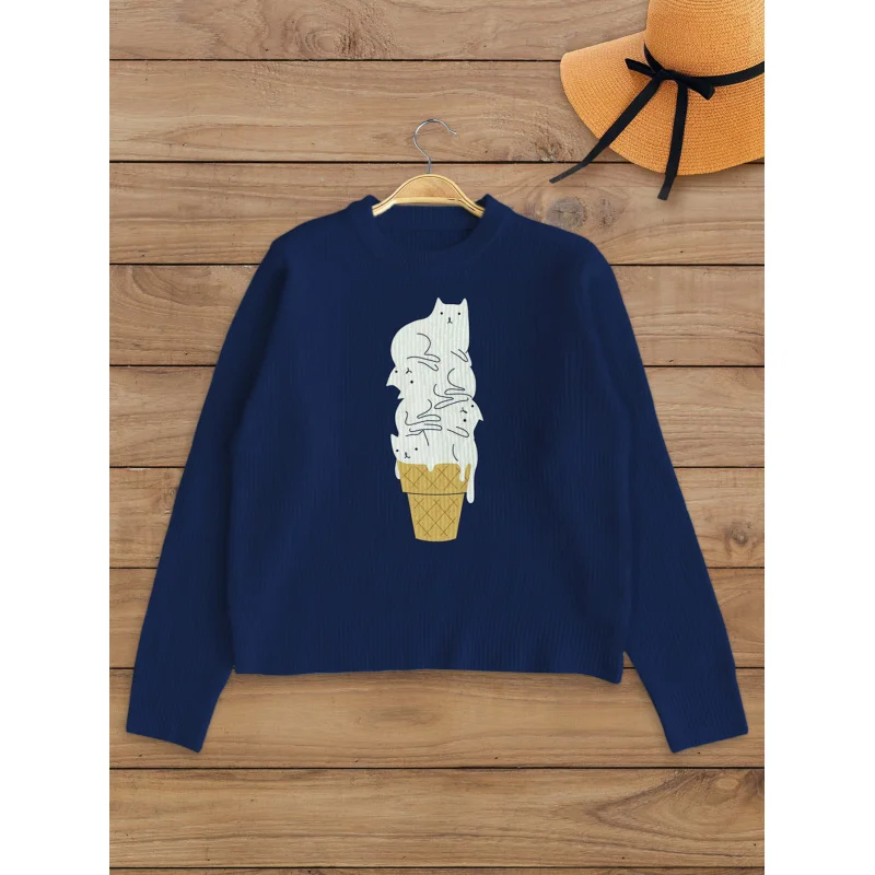 

Ice Cream Cone Cat Print Knit Cardigan Women's Autumn Winter Button-Up Sweater, Loose Fit, Warm Casual Fashion Gift