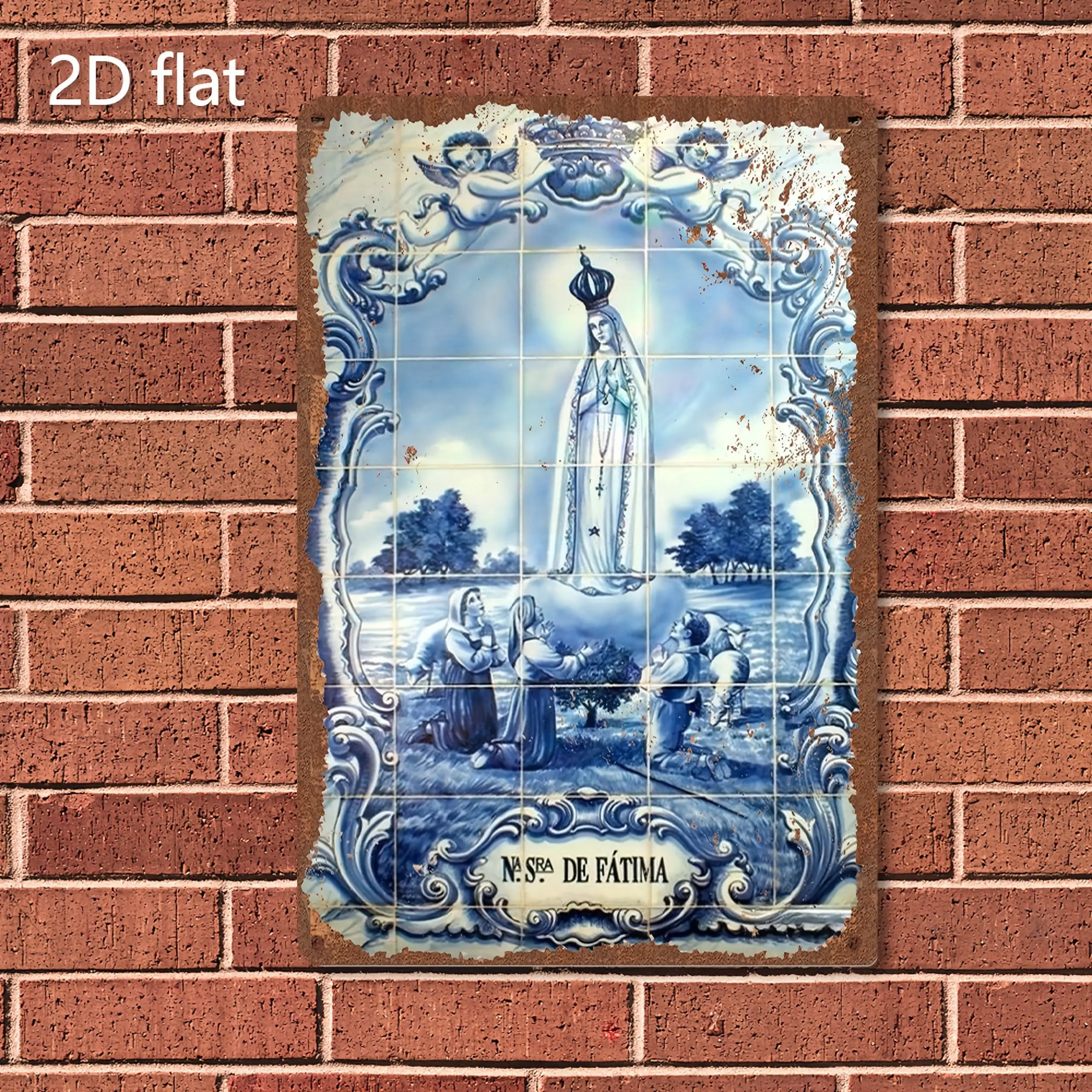 Plaque murale vintage HD Notre-Dame de Fatima - Décoration murale rétro style Azulejo portugais, art métallique Vierge Marie pour la maison