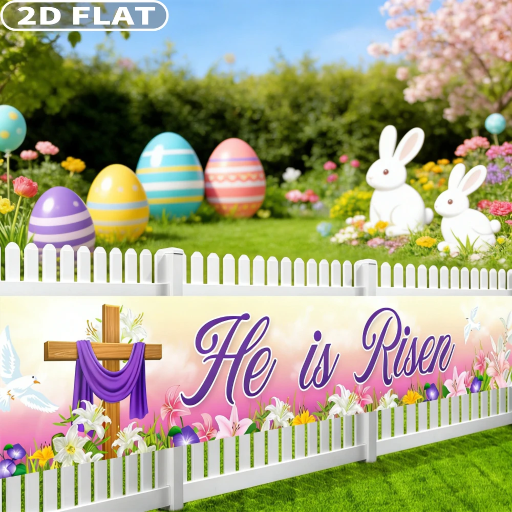 2D FLAT 1pc He Is Risen Easter Decorations Garden Party Banner, Large 50x300cm Easter Yard Decorations He Is Risen Banner