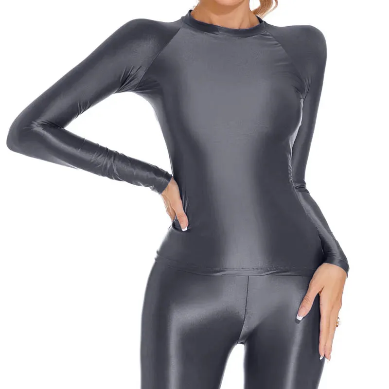 

Глянцевые сексуальные прозрачные женские атласные футболки, купальники больших размеров, обтягивающие эластичные корректирующие топы для йоги, дышащие пижамы