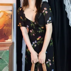 Women's Clothing Vintage Broken Flowers Midi Dress Summer Sexy O-Neck Short Sleeve Elegant Waist Fashion Split Button Dresses