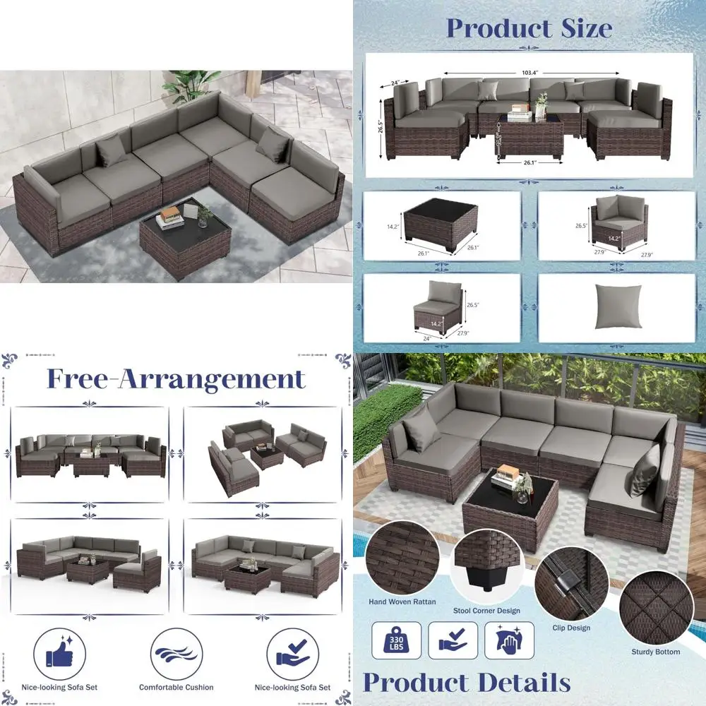 7-Piece Outdoor Modular Sectional Sofa Set with PE Rattan, All-Weather Wicker Patio Conversation Furniture