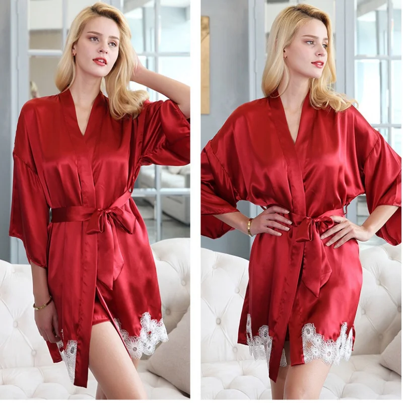 100% Silk 3pcs Satin Pajamas Set with Robe Long Sleeve Lace Trim Cami Top Shorts Pajamas Set Women\'s Pure Silk Pijamas Robe Sets