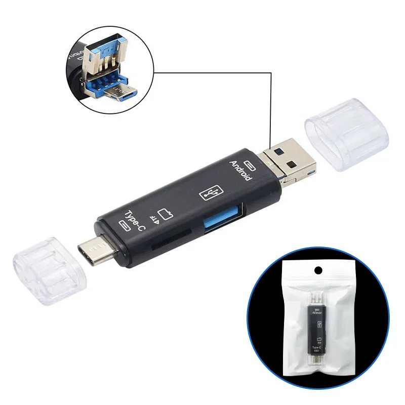 Multifunctional card reader Black/WhiteType-C card reader Micro USB 0.3mUSB to OTG integrated Android mobile card reader adapter