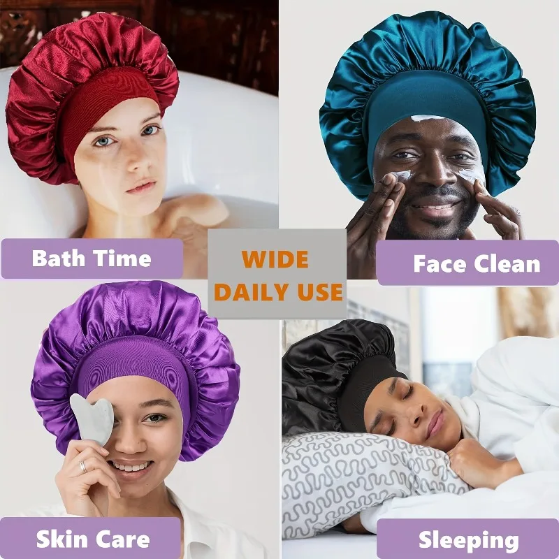Women Satin Sleep Bonnet Wide Band Elastic Hair Wrap Night Cap Beauty Care Bathing Hat for Natural Curly Hair Gift for Women