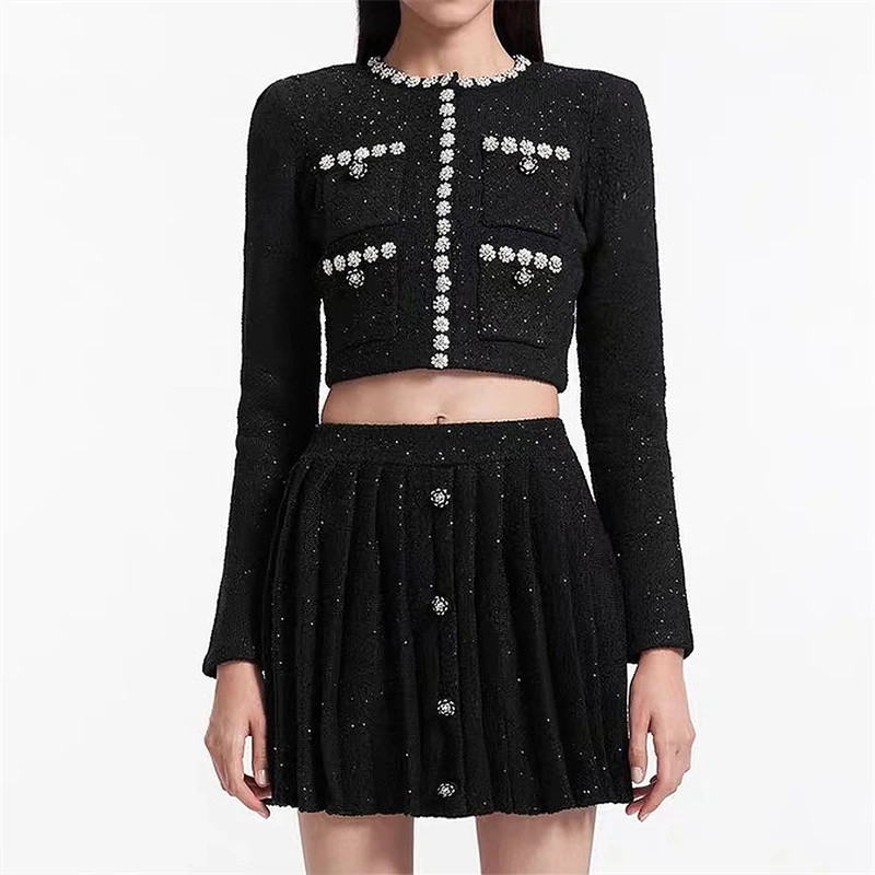 Fall new women's round neck rhinestone buttonDecorated knitted long sleeve jacket y2k high qualityFashion mini pleated skirt set