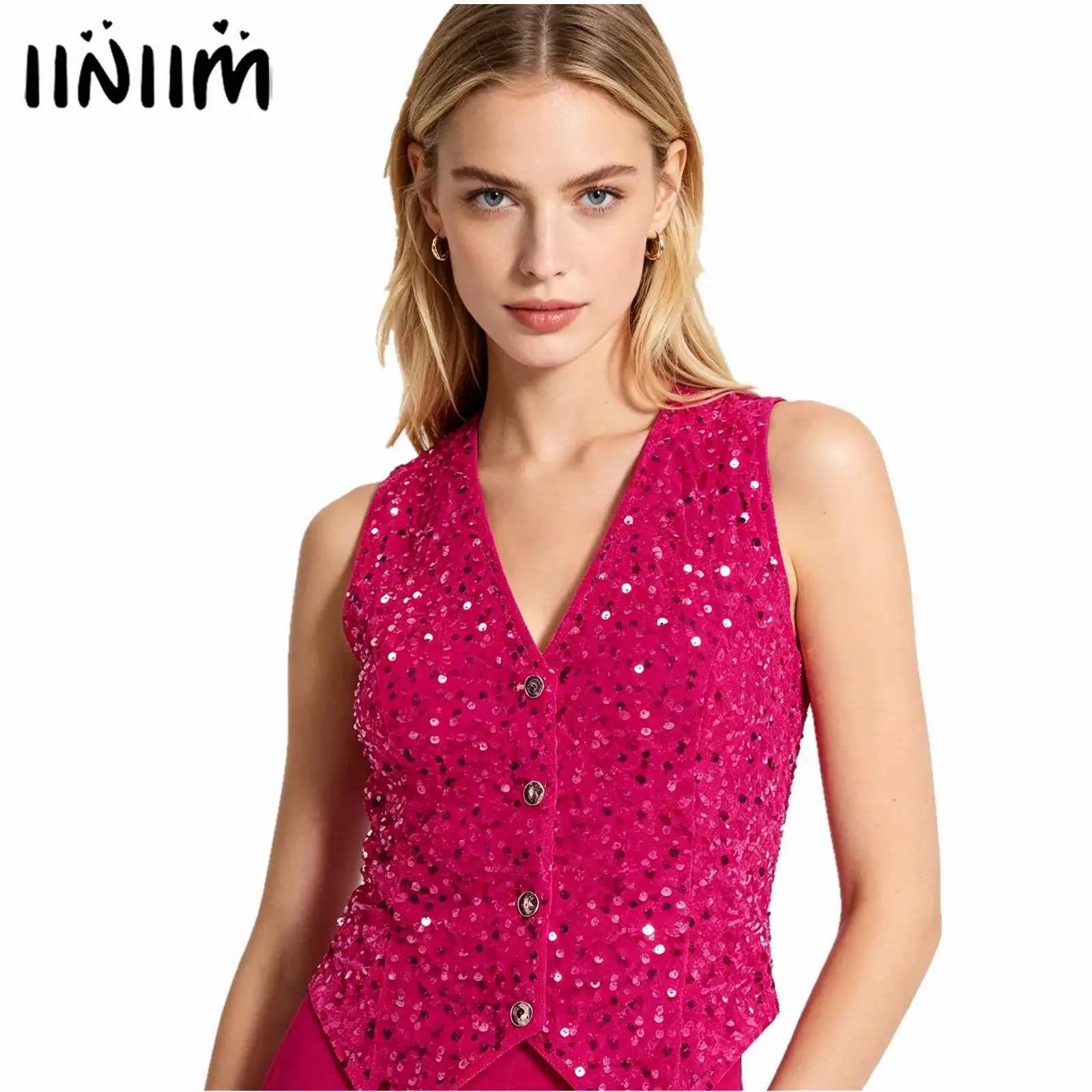 Women Sparkly Sequin Hip Hop Jazz Dance Performance Costume Solid Color V-neck Embellished Irregular Party Vest Tops Rave Outfit
