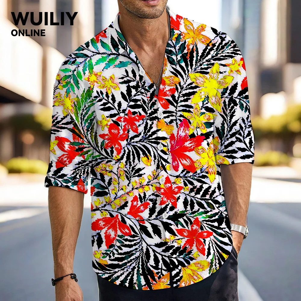 Camisa con botones de manga larga con gráfico floral para hombre, camisas informales con estampado de hojas en rojo y negro, camisas 3D para mujer con bolsillo