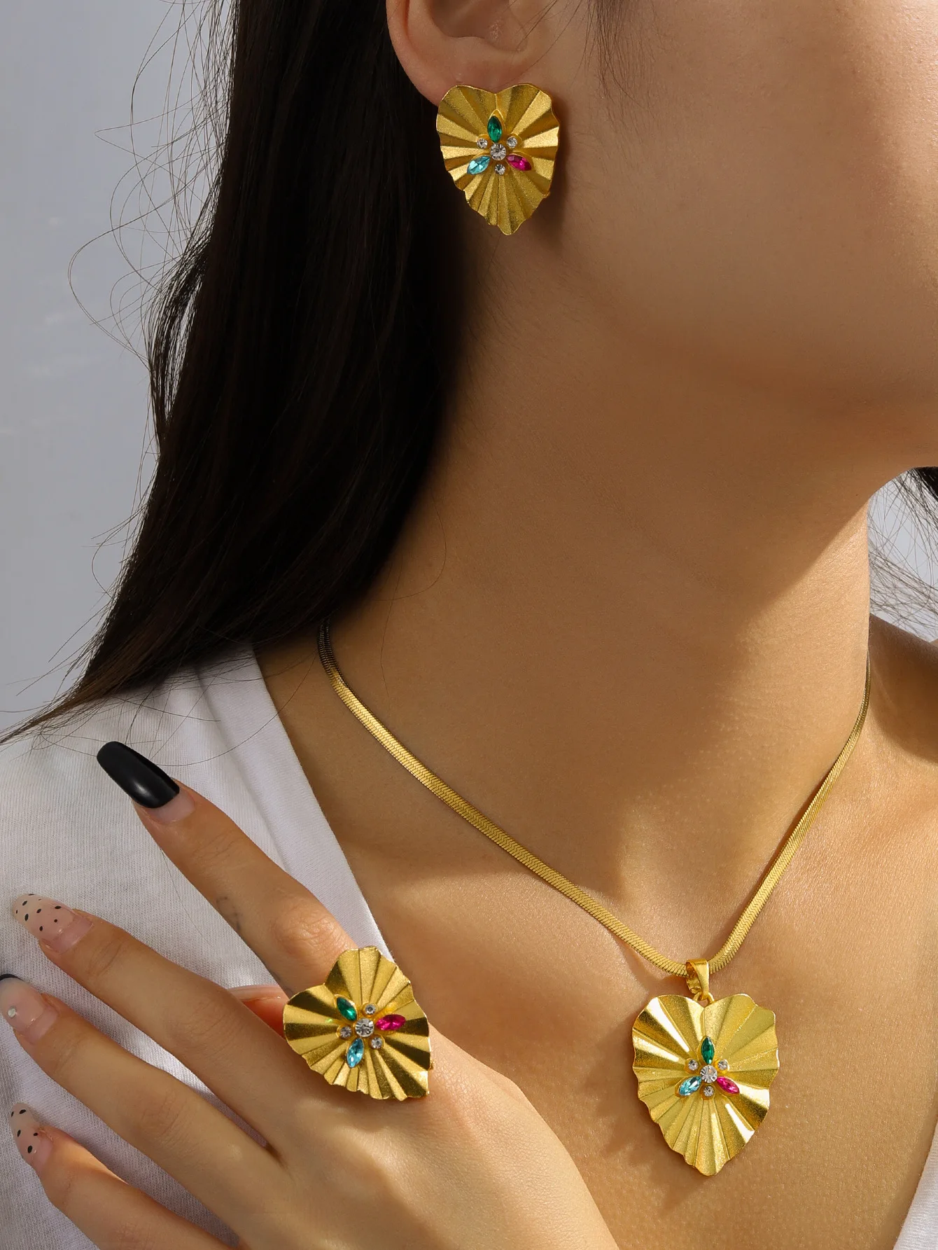 New 3-piece Set Luxury stainless steel tassel pendant Necklace Earrings Ring Banquet Wedding Jewelry Set for Women Birthday Gift