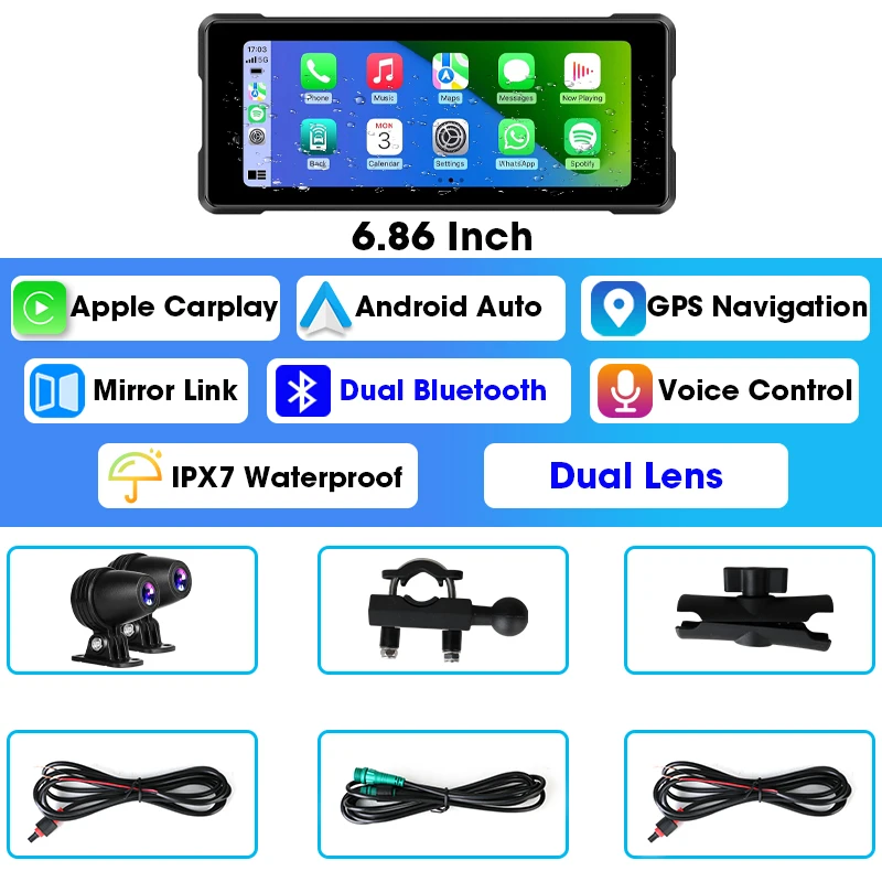 JMCQ 6.86 ''Motorfiets DVR GPS Navigatie Draadloze Carplay Android Auto Dash Cam IP67 Waterdichte Dual Bluetooth Moto Monitor