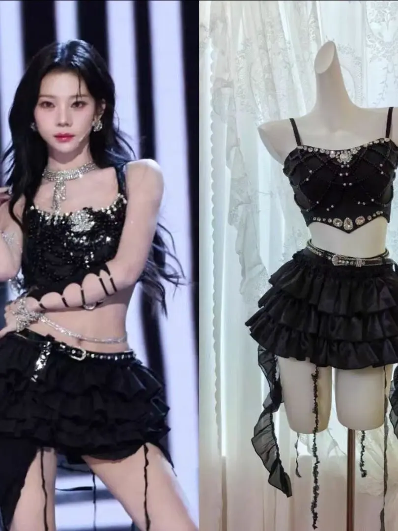 Just Dance Zhang Zining Black Rhinestone Cake Skirt Shiny Cool Stage Performance Costume Women's Group Fashion Show Outfit