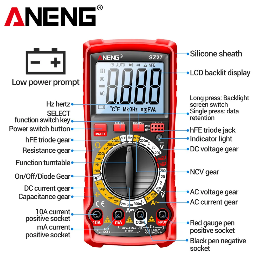 ANENG SZ27 Multimeter 1999 Count Digital AC/DC Voltage Current Tester Ohm Hz Diode Transistor NCV Capacitance Resistance Tester