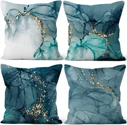 Short Plush Decorative Pillow Case, Gold and Cyan Throw Pillow Cover Abstract Cushion Cover of Sofa and Living Room