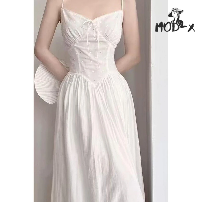 Women's Sleeveless A-line Long Skirt Simple Gentle Wind White Strap Dress French Seaside Holiday New Temperament Summer 2024