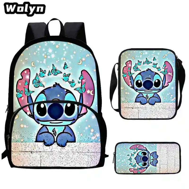 3Pcs Set Cartoon Anime S-Stich Prints School Backpack Shoulder Bags Pencil Bags for Grade 1-3 , Cartoon School Bag for Boys Girl