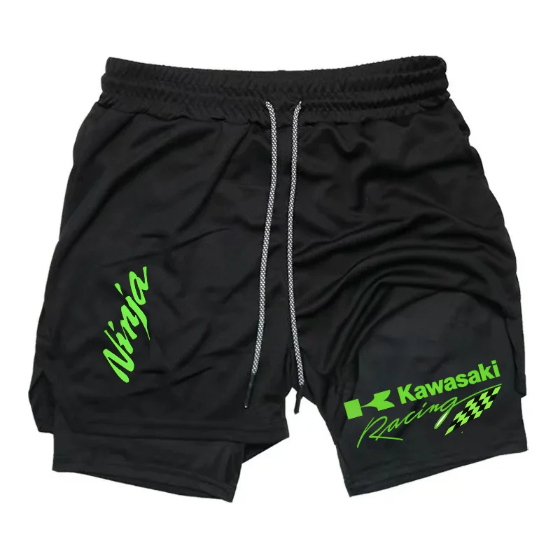 

Мужские двухслойные шорты Kawasaki Ninja Racing 2-в-1, шорты для фитнеса, двухслойные спортивные шорты с завязками, быстросохнущие шорты для бега и тренировок