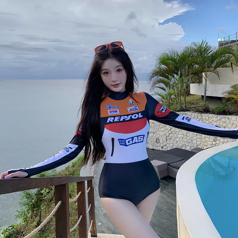 

New Women's Slimming One-Piece Swimsuit Long Sve Holiday Resort Faionable Motorcycle Sle Hot Girl Hot Spring Bathing Suit