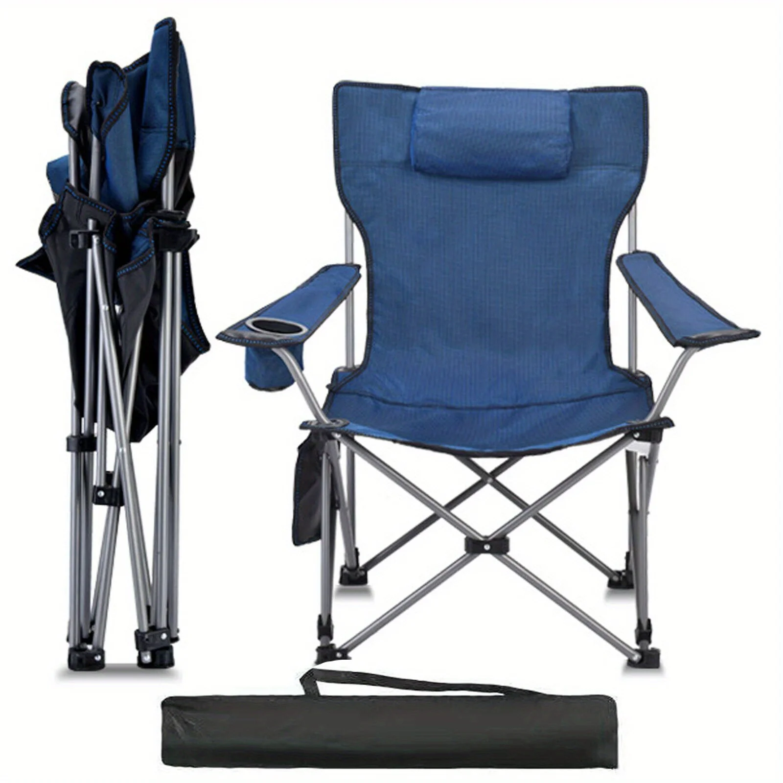 Heavy Duty Folding Camping Chairs w Pillow Cup Holder Oversized Recliner Outdoor