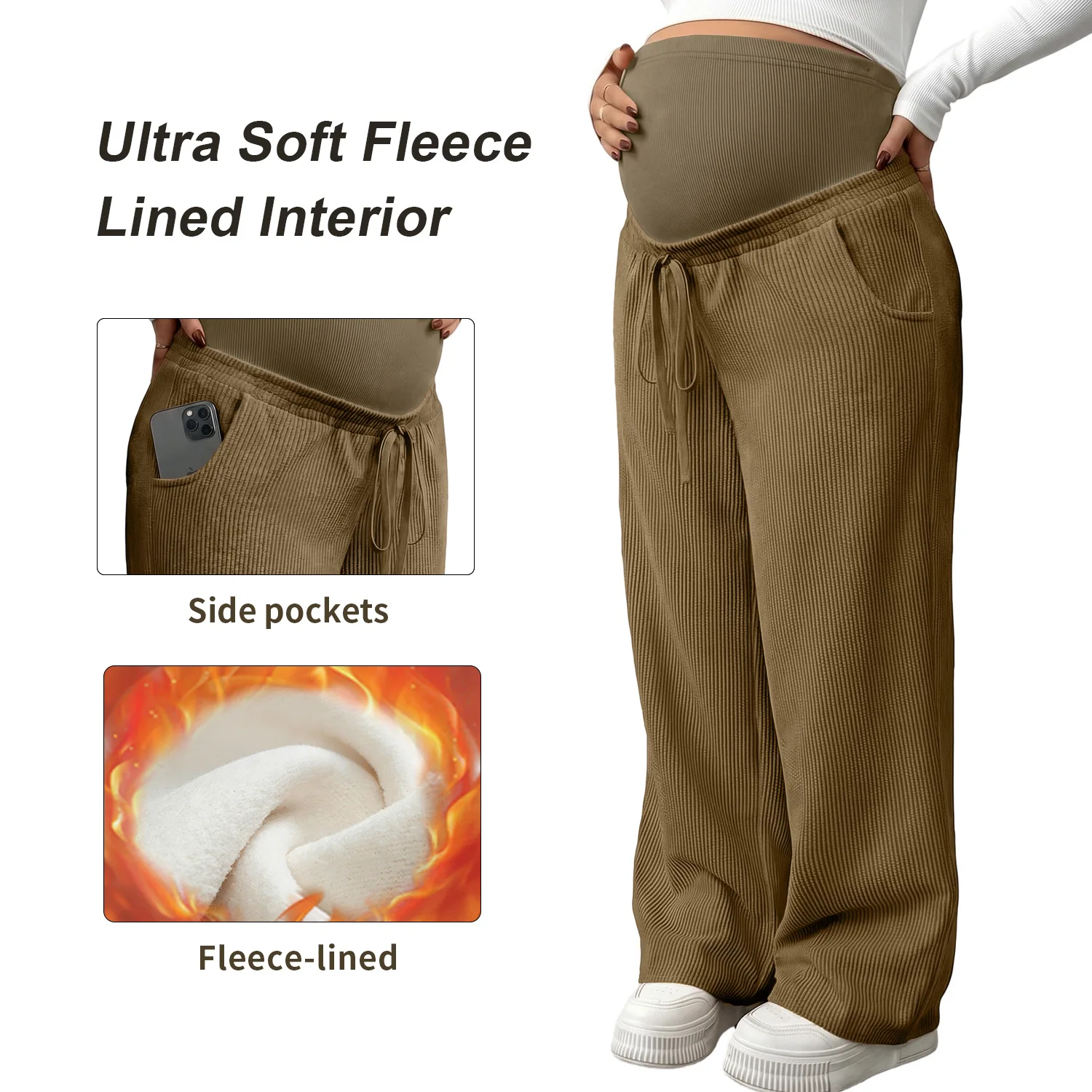 2026 New Maternity Corduroy Wide Leg Trousers for Autumn Winter, Fleece Lined Thick Warm Pants With Pockets Business Long Pants