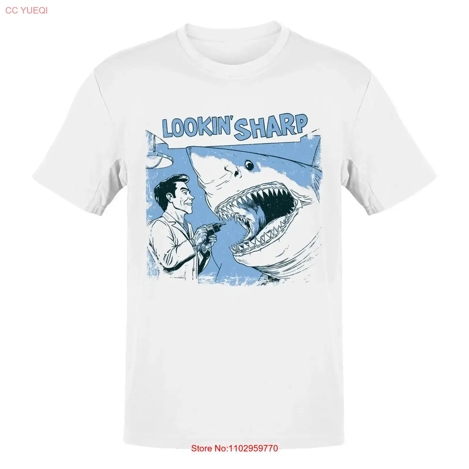 Camiseta masculina Lookin' Sharp Barber Shark Humor, vintage, lavada, unissex, casual, com estampa gráfica, para uso diário, streetwear, estilosa.