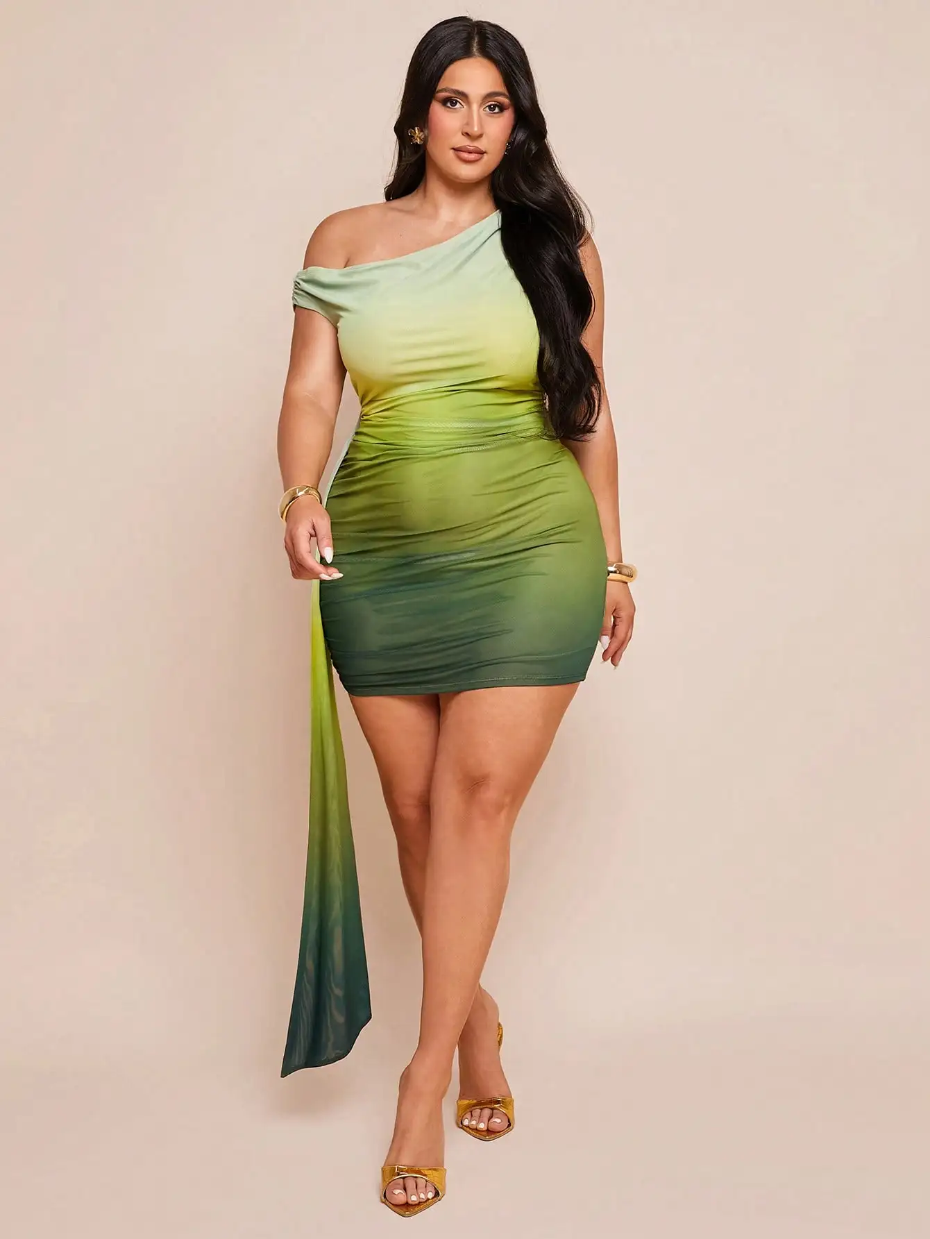 

Plus Size Off-Shoulder Green Gradient Mini Dress with Asymmetrical Drape