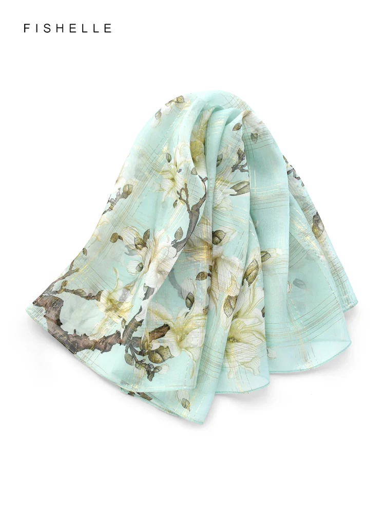 Light green magnolia golden yarn chiffon 100% silk scarf women scarves small square scarfs  shawl luxury gift wrap handkerchief