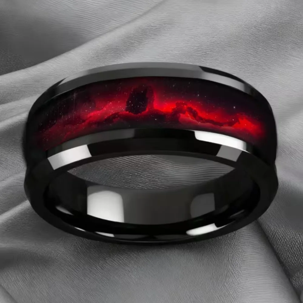 SUNFLOWERZHU Modische Herren Roter Planet Schwarze Edelstahlringe Damen Ehering Doppelt Facettierter Polierter Stahlring Schmuck – Detail 5