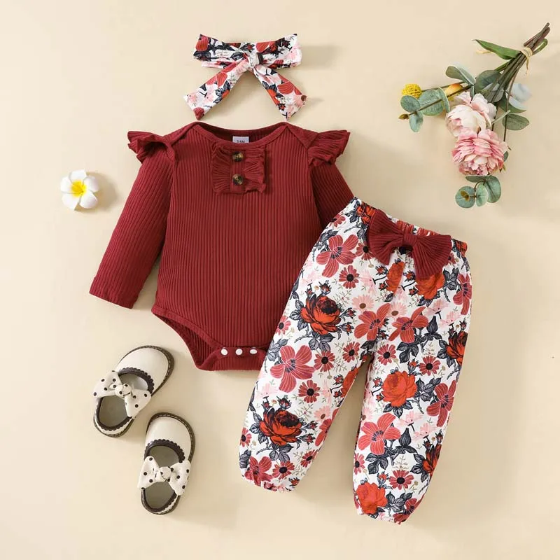 0-18 Months 3Pcs Sets Newborn Baby Girl Clothes Wine Red Long Sleeve Pit Stripe Bodysuits Bow Printed Pants and Hairband Outfits