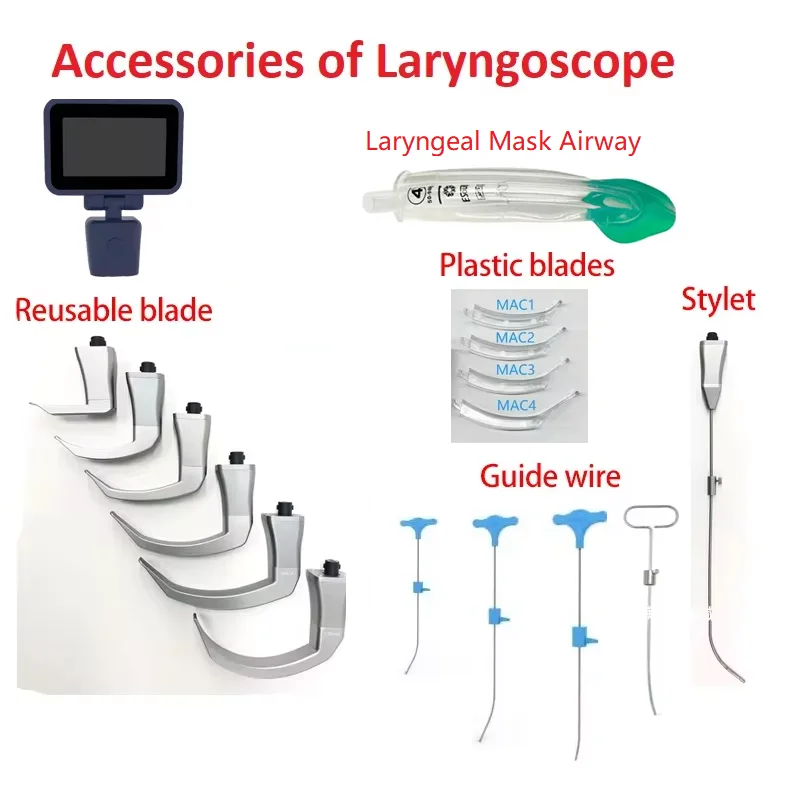 Accessories for Video Laryngoscope Stainless Steel Blades, guide wire, and Screen