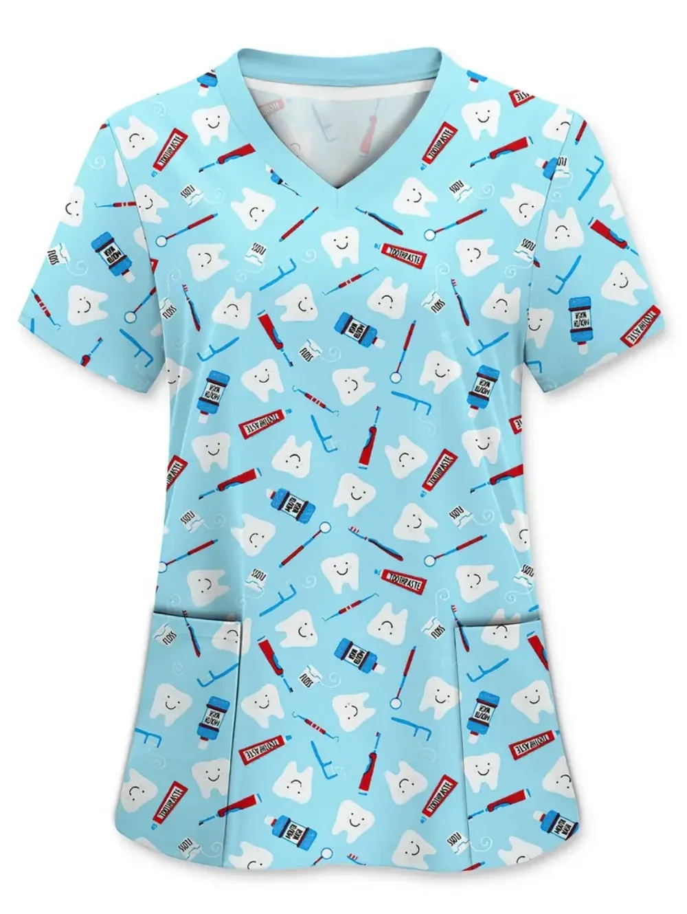 Clinical Uniform Woman with Love Teeth Print Clothes Medical Summer V-Neck Casual Blue Fashion Short Sleeve Scrubs Woman Tops