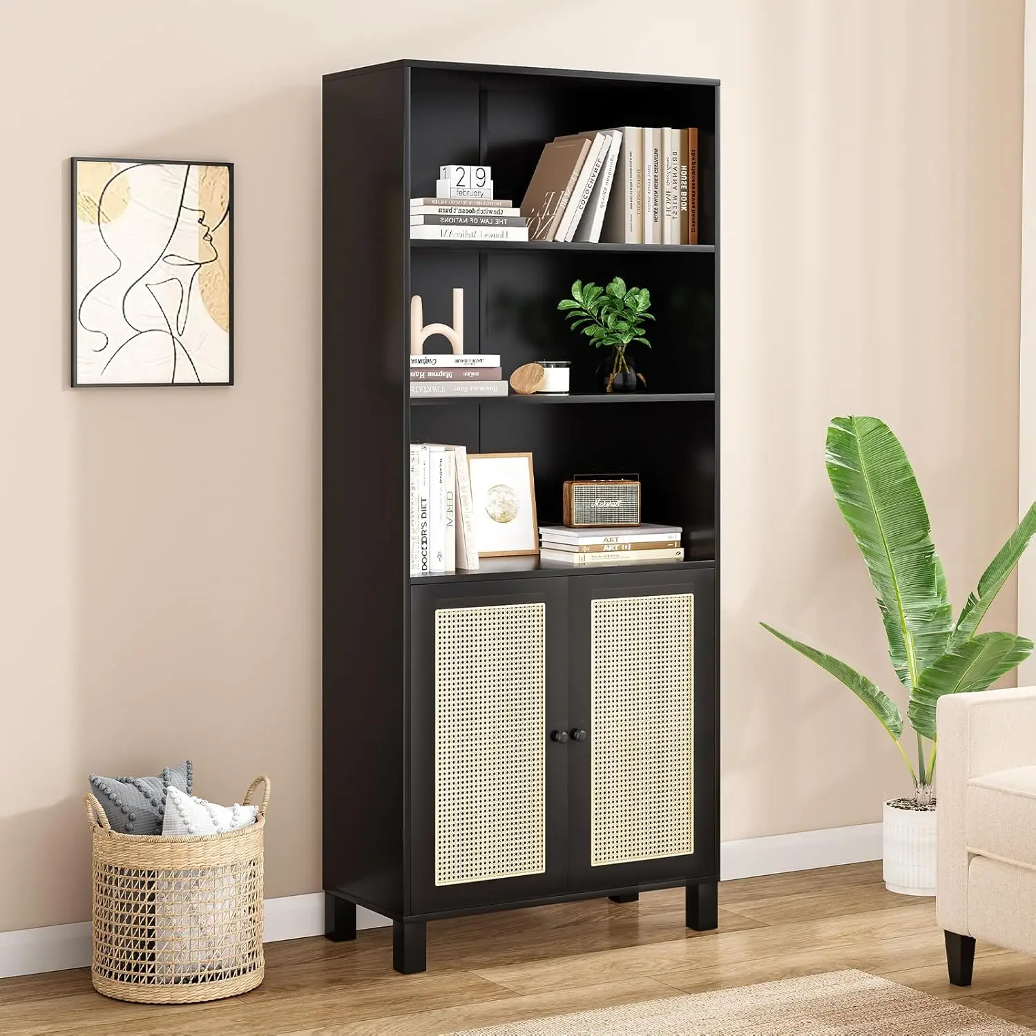 

Bookcase with Rattan Doors,5 Tier Storage Wood Shelves Large Bookshelf for Library Living Room Bedroom Home Office,