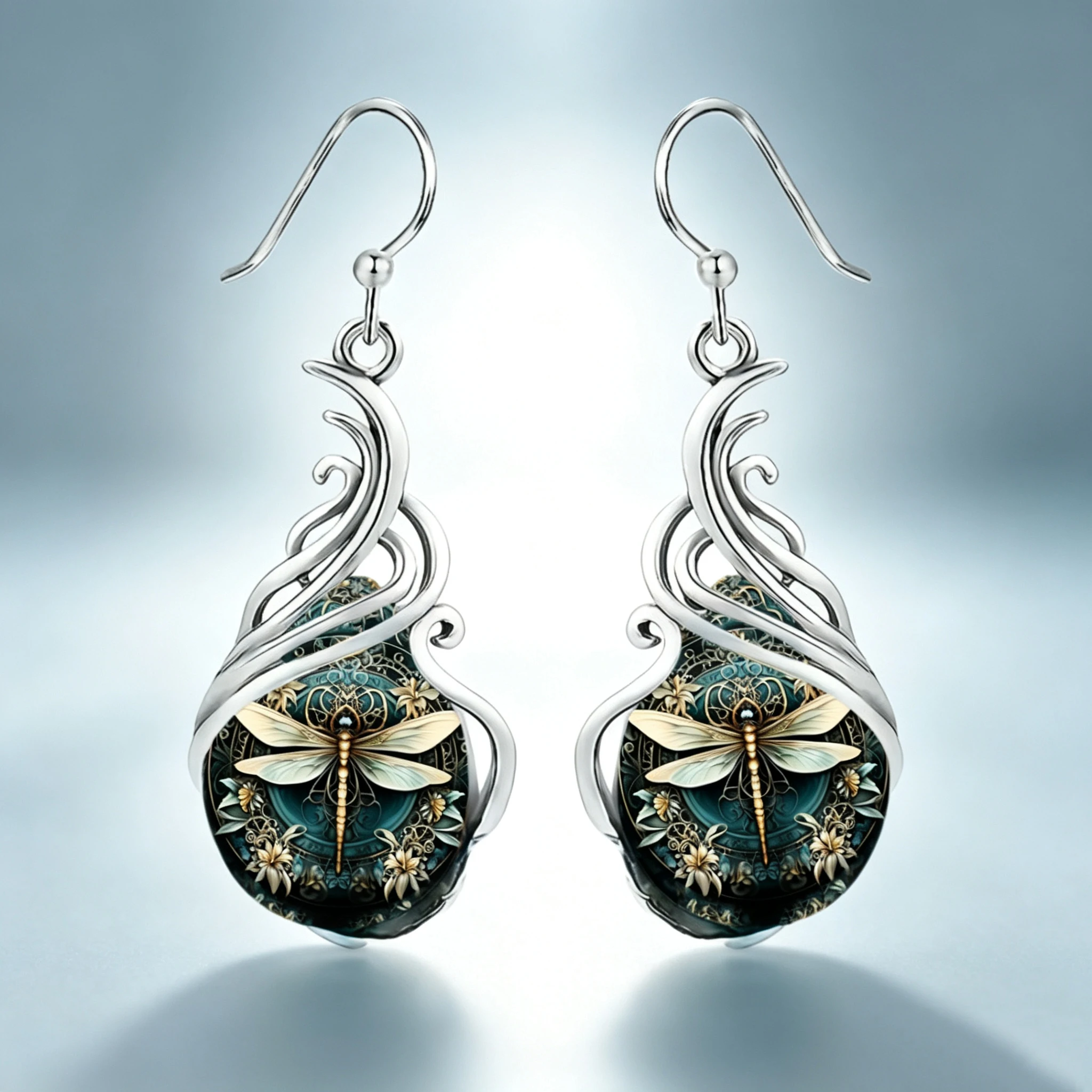 Women's Elegant Boho Green Stone Dragonfly Hoop Earrings