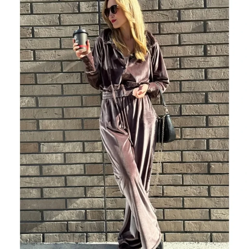 

Women's Fashion Zipper Hooded Sweatshirt Trousers 2-piece Set Autumn New Casual Loose Sports Wide-leg Trousers Female Suit 2026