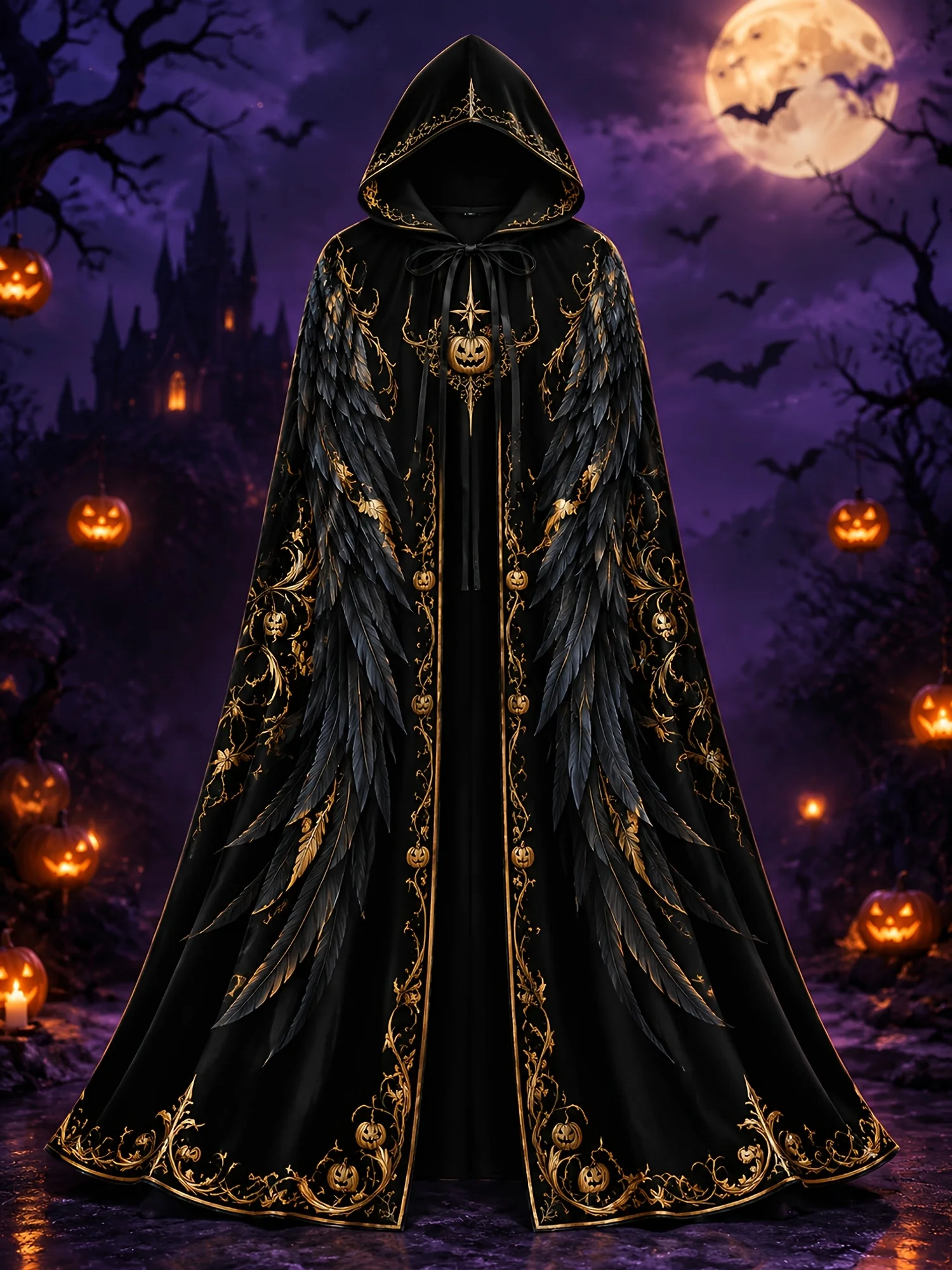 Customization Men'S Halloween Costume Hooded Cape Robe, Gothic Halloween Motif With Golden Jack-O'-Lanterns And Feathered Wings,