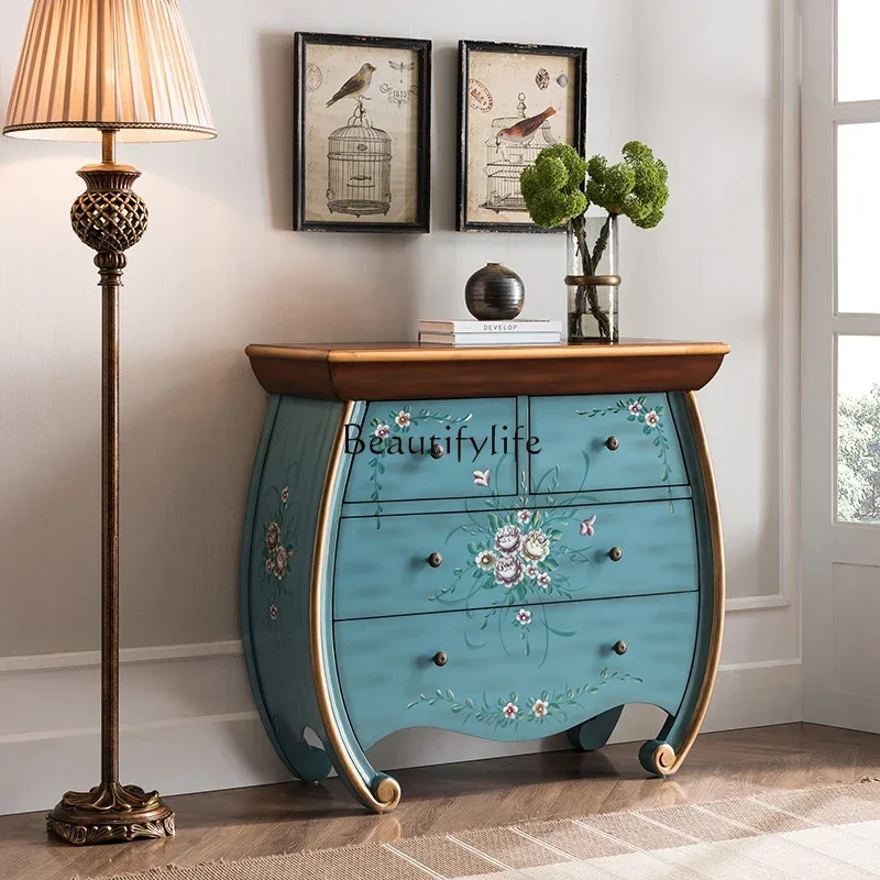 yj7  American hand-painted solid wood decorative cabinet, living room, European aisle corridor cabinet