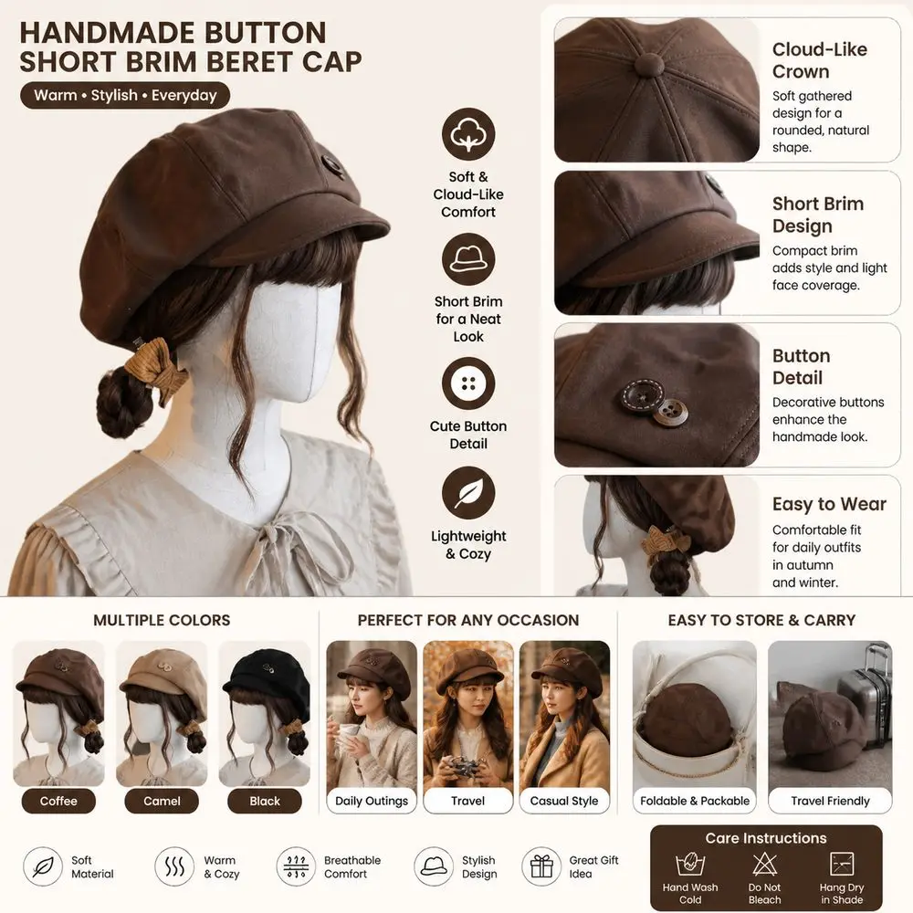 New Handmade Beret Cap Women's Beret Warm Style Newsboy Cap Button Cloud-Like Hat Autumn Winter Wear