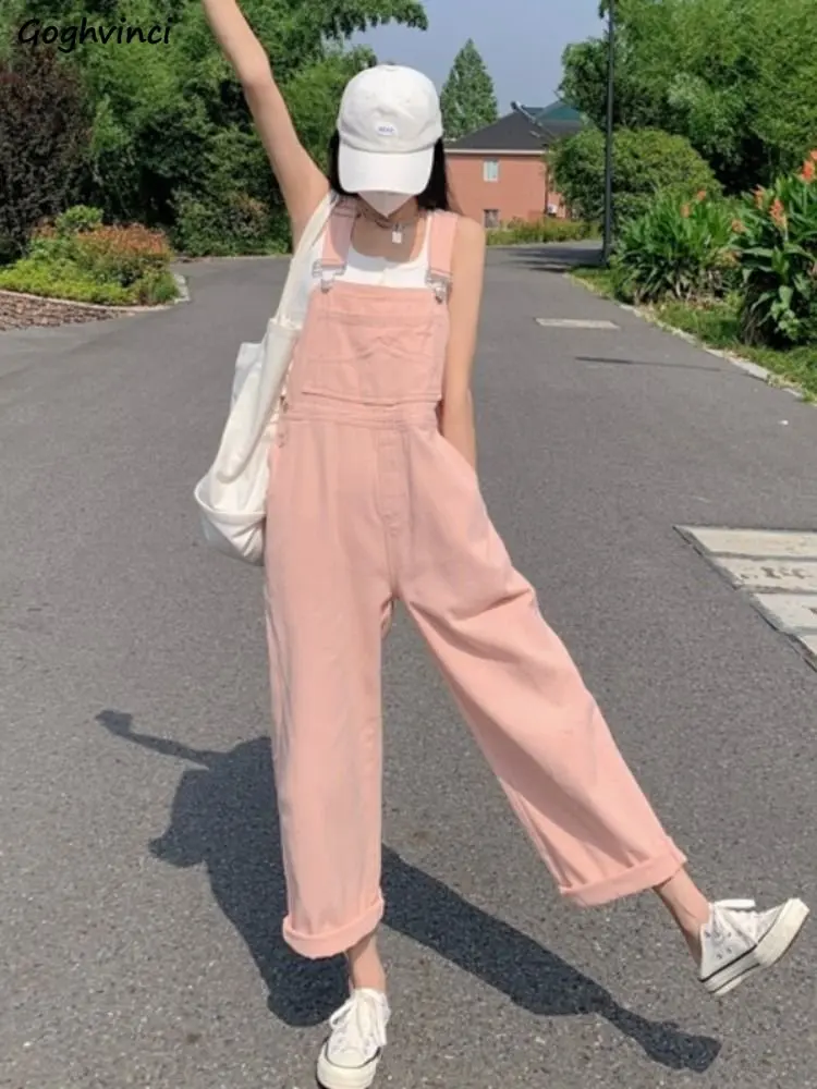 

Pink Jumpsuits Women Sweet Autumn Denim Leisure Street Ulzzang Simple Pure Washed Vintage Y2k Dopamine Style Harajuku Overalls