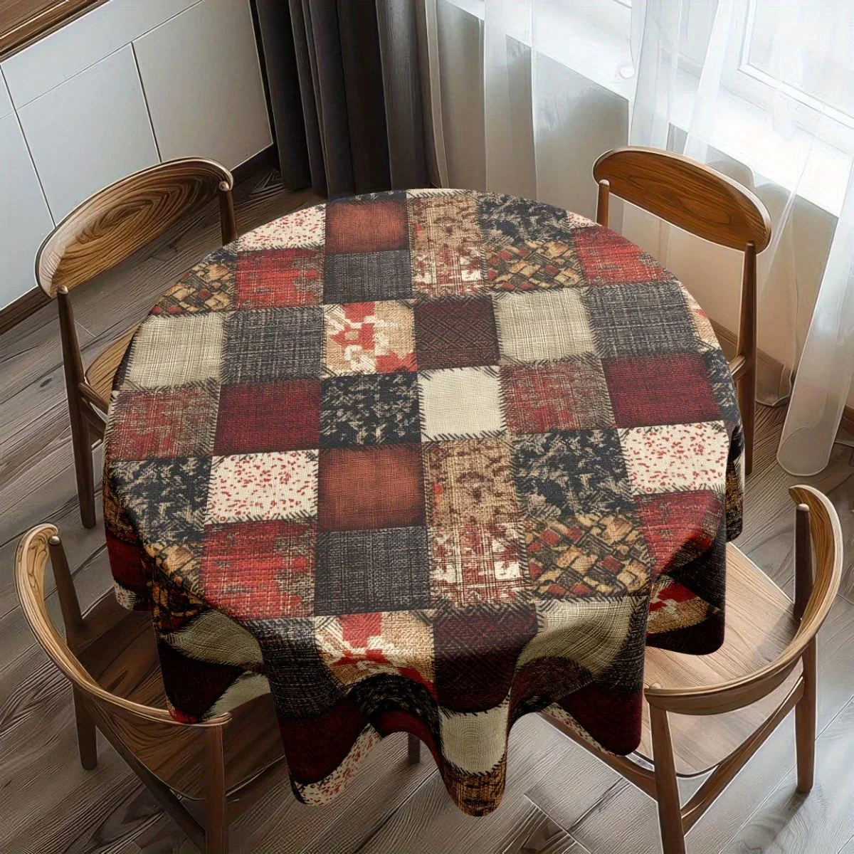 One round polyester tablecloth, 61x61 inches - featuring a retro bohemian checkered design with floral patterns.