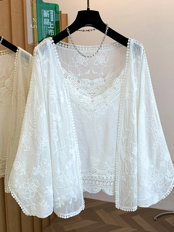

Korean Style Lace Hollow out Strap Bell Sleeve Open Cardigan Set Women Summer New Heavy Embroidery Irregular Two Piece Set